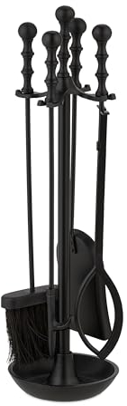 Relaxdays Kaminbesteck, 5-teiliges Set, Schürhaken, Ascheschaufel, Besen, Zange & Ständer, runde Kamingarnitur, schwarz