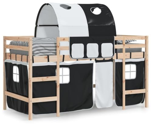 vidaXL Lit Mezzanine Enfants et Tunnel, Lit Surélevé pour Enfants avec Échelle, Meuble de Rangement Chambre, Moderne, Blanc Noir 90x190 cm Pin Massif