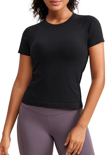 CRZ YOGA Women's Seamless Short Sleeve Shirts Breathable Running Yoga Plain Top Stretchy Sport Gym Fitness Basic T-Shirt Black 12