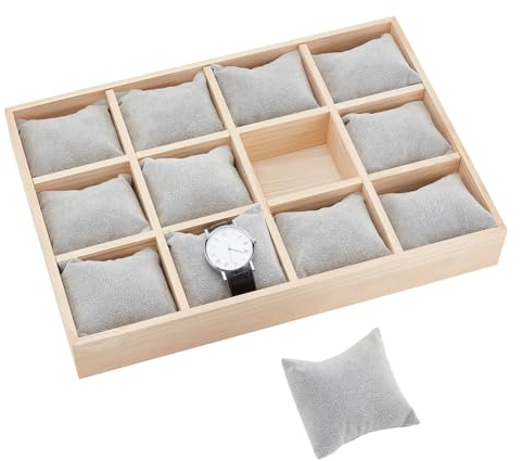 PH PandaHall Vassoio Porta Orologi In Legno con 12 slot per Espositore per Orologi con Cuscini Rimovibili In Velluto, Vassoio Porta Bracciale per Vetrina Espositiva per Orologi Da Cassetto, Grigio