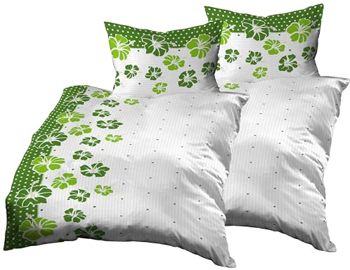 Gerald Wittmann Set di biancheria da letto da 4 pezzi, 2 x 140 x 200 cm + 2 x 70 x 90 cm, in microfibra seersucker, motivo floreale, verde e bianco