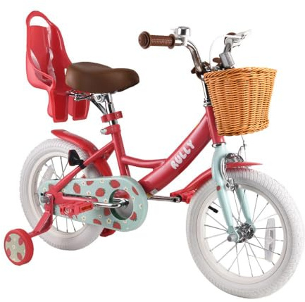 RULLY Vélo Enfant Strawberry 14 Pouces pour Filles de 3 à 5 Ans – avec roulettes, Panier et Siège Poupée – Couleur Rose