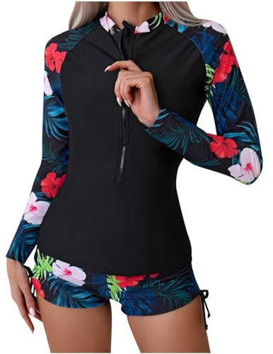 Damen Langarm UPF 50+ UV Schutz Zweiteiler Badeanzug Schwimmanzug Slim Fit Sonnenschutz Bademode Shirt und Shorts Damen Langarm Blume Schwimmshirt Shorts Tankini Frauen Rashguard Kurz Surfanzug