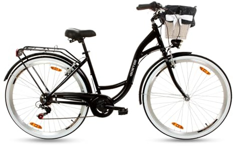 Goetze Mood 28 Zoll Damen Citybike, 18 Zoll Tiefeinsteiger Stahlrahmen, 7-Gang Kettenschaltung, doppelte V-Bremsen, LED-Beleuchtung, Rattankorb, Komfortsattel, mit Seitenständer & Klingel