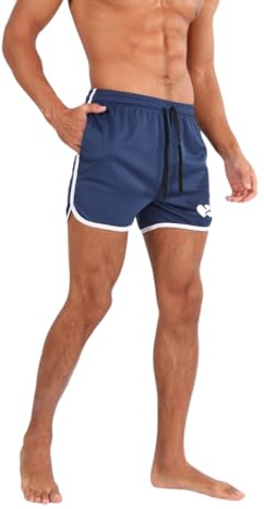 Top Spot Apparel Men's 3.5-4.5 Inseam Retro Athletic Workout Shorts with Pockets for Bodybuilding, Training, Running (Medium, Navy Blue White)