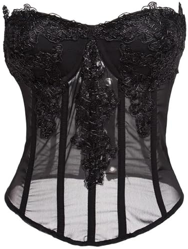GMVZGQW Corsetto in chiffon con applicazioni in pizzo top overbust bustiers ricamo coppa imbottita lingerie dimagrante, nero, Medium