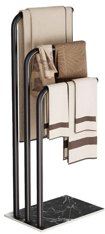 Yawinhe Free Standing Towel Rack, Hand Towel Holder Stand, Metal Holder for Bathroom, 3 Tier Bathroom Towel Rack Stand with Storage Shelves, 39x26x90cm, Black, SMJ001B-X