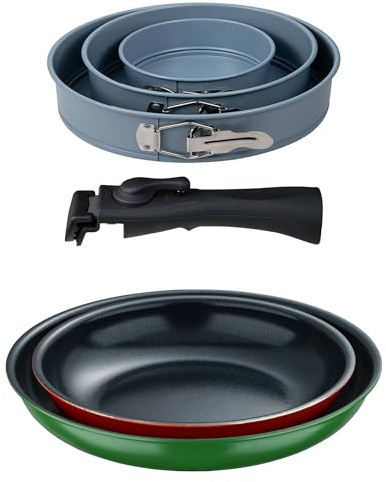 Bergner Click&Cook Juego de 2 Sartenes Ø22Ø26cm Aluminio prensado con Mango desmontable+Juego de 3 moldes de horno redondos Ø12Ø18Ø22cm