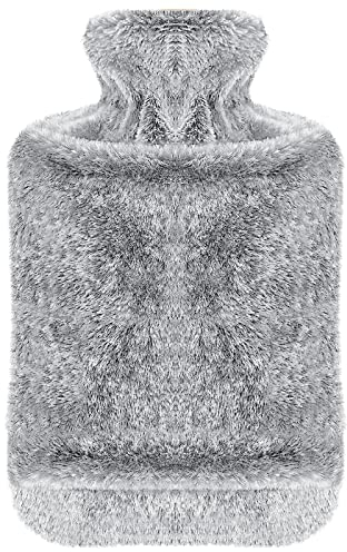 opamoo Wärmflasche mit Bezug Kängurutasche, 2L Groß Wärmflaschen mit weichem Naturkautschuk Flauschig Bettflasche für erwachsene und Kinder ideal für Bauch Rücken und Nacken Schmerzlinderung - Grau