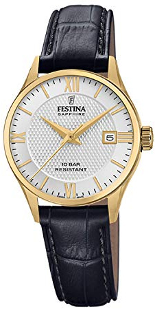 Festina Swiss Made Montre Femme Analogique Cuir Noir - Mouvement Quartz - Verre Saphir - Étanche 10 ATM - Élégante, Classique et Vintage - Calendrier F20011/1 - Classic Leather