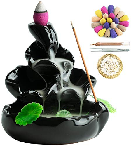 VVMONE Cute Ceramic Backflow Incense Holder Waterfall Incense Burner with 48 Incense Cones and 30 Incense Stick, Incense Fountain for Home Decor, Desk Decor(Black)