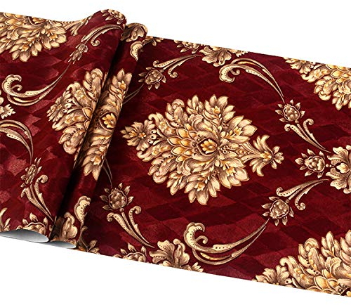 prior.choice 9.5X0.53M Retro AB Vintage Damask Stripes Waterproof Deep Embossed Textured PVC Wallpaper Roll for Bedroom Livingroom 1.73' W x 31.2' L=5.035㎡ (54sq.ft) (A Red Damask)
