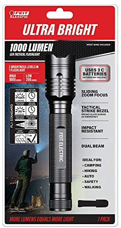 Feit Electric LED Tactical Flashlight - Aluminum Alloy - Zoomable Strike Bezel; Illuminate up to 1,000 feet - Adjustable Brightness from 260-1000 Lumen | Requires 3-C Batteries