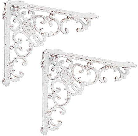 Relaxdays Regalwinkel antik, 2er Set, Regalträger Gusseisen, Barocke Ornamente, Winkel für Regalboden, Vintage, weiß