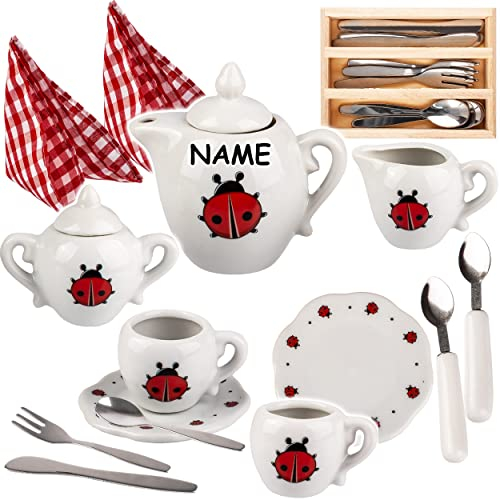 alles-meine.de GmbH 26 TLG. Set Puppengeschirr/Teeservice & Kaffeeservice + Besteckset - inkl. Name - Marienkäfer & Punkte - Geschirr Porzellan/Keramik - Porzellangeschirr ..
