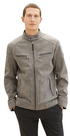TOM TAILOR Herren Bikerjacke aus Velours, 26306 - Stone Grey Fake Leather, XL