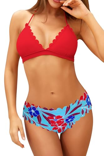 SHEKINI Bikini da donna a triangolo, set da bagno ondulato, con motivo floreale, costume da bagno estivo, in due pezzi, per donne con allacciatura al collo, con lacci, Stampa rossa, L
