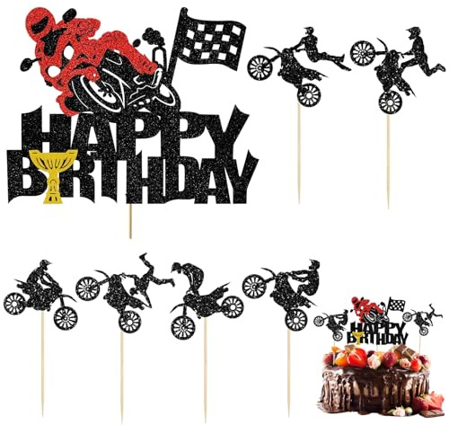DERJDISF Cake Topper, 25 Pezzi Topper per Torta Moto Decorazione Torta Motociclo Moto Compleanno Nera Glitter Moto Cake Topper Decorazioni Cupcake Decorazione Compleanno per Uomo Ragazzo