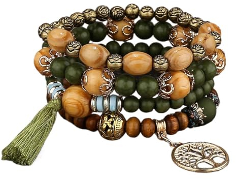 LICHUANUK Boho 4 Stück Armbänder Holzperlen Quaste Armband, Chakra Armband für Frauen, Natürliches Kristall heilsteine armband, Frauen Baum des Lebens Charm Statement Armreifen, Grün