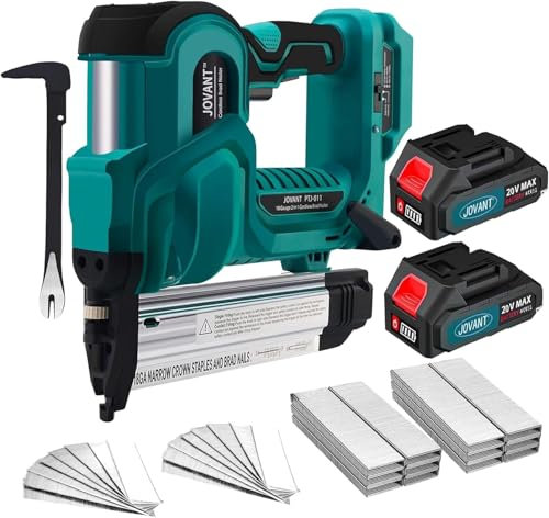 Cordless Brad Nailer with 2-Max Batteries & Charger, 2 Length Nails -18GA 1/4 Narrow Crown Staples,Nail Gun Battery Powered,Staple Gun with 800pcs Staples & Nails(Jovant)