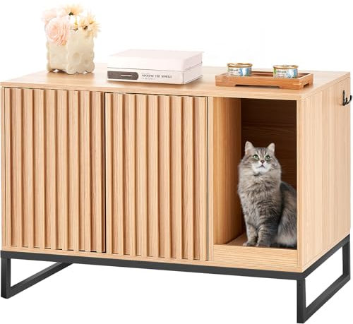 VEVOR Katzentoilettengehäuse, verstecktes Katzentoilettenmöbel, Katzentoilettenkabine aus Holz für den Innenbereich mit 2 Türen und stabilen Metallbeinen, Katzenhausschrank, versteckt