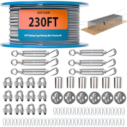 QUEYAAM Kit de tensión de alambre para jaula de bateo para jaula de bateo retráctil ajustable de 55 pies, kit de red de suspensión para jaulas de béisbol, sóftbol y golf en casa (interior/exterior)
