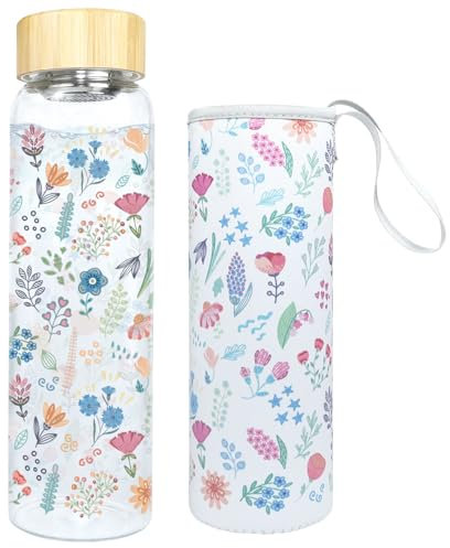 KYOEOE Trinkflasche Glas 1l/1000ml Glasflasche,5,5 cm Weithals Wasserflasche Glas mit Schutzhülle & Edelstahl Sieb,BPA-frei,Auslaufsichere Trinkflasche Kohlensäure Geeignet Glass Bottle(Violett)