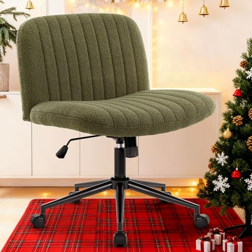 IWMH Chaise de bureau pivotante - Hauteur ajustable roulettes - Rembourrage tissu teddy - Coussin plus large - Siège de couture - Vert