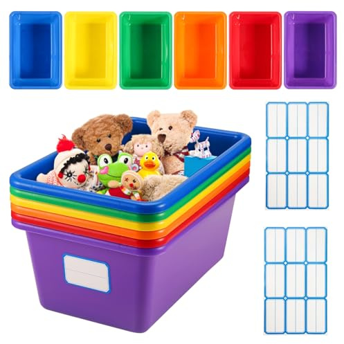 Tsudoku 6 Pcs Plastic Storage Boxes Multiple Colors Storage Baskets for Classroom, , Bathroom, Kitchen, Cupboard, Toy (Rainbow)