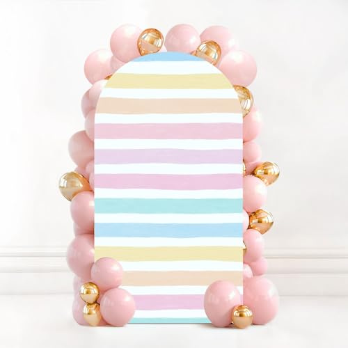 7.2FT Wedding Arch Backdrop Cover Hand Drawn Striped Pastel Stripe Seamless Childish Pastel Brush Spandex Fitted Fabric Round Top Stretchy Stand Covers for Baby Shower Birthday Party Decoration