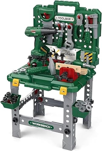 PRICE BEATER Luxury Combination Kids Tool Set, Green Workbench for Boys with Toolbox, Trolley Case & Holder, Pretend Play Construction Toy with Drill & Saw, Educational Gift
