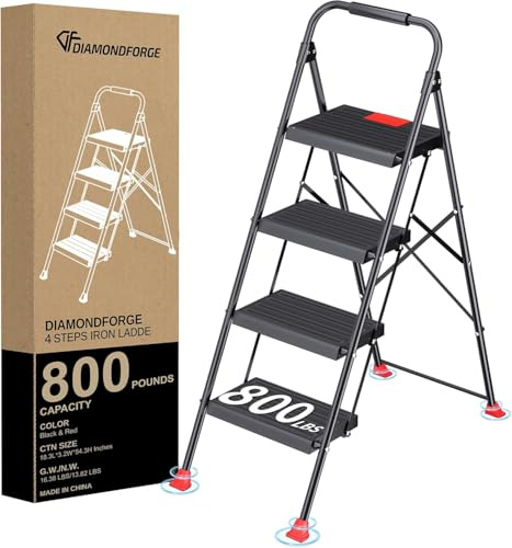 Foldable Step Ladder Folding Stool - 4 Stepping Extension Tall Heavy Duty with Handrails for Home Adults Kitchen - Extendable Stepladder Closet Stepstool Stair Ladders for Indoor House 800Lbs