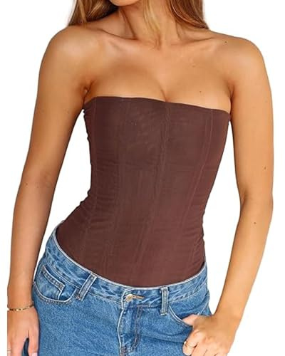 Lshyuehao Women Y2k Strapless Bustier Corset Vintage Back Zip Boned Mesh Bustier Top Overbust Corset Top (A-Dark Brown, M)