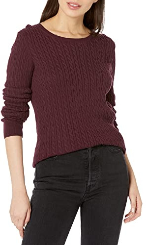 Amazon Essentials Women's Lightweight Cable Knit Long-Sleeve Crewneck Jumper (Available in Plus Size), Burgundy, L