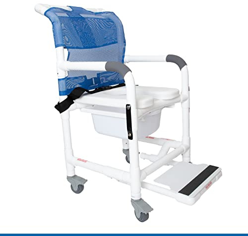 Institutional Grade Rolling Shower Commode Chair with Wheels & Drop Arms – Padded Seat, Locking Casters, Sliding Footrest, Seat Belt – Fits Over Toilet – 300 lb Capacity – DL-1