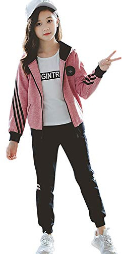 YFPICO Tuta Sportiva Ragazza Felpa Pantaloni Sweatshirt Jogging Suit Abbigliamento 3 Pezzi Abbigliamento Set, Rosa(3 pz), 164