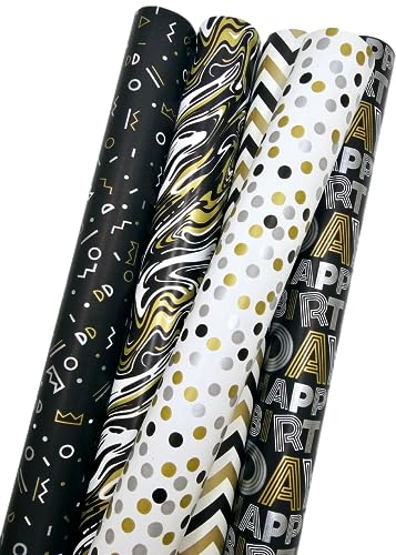 artwelten Home & Style Geschenkpapier Set 6 Rollen (je 2m x 70 cm) für Geburtstags, Hochzeits, Jubiläum, Geburt, Taufe, Partys im Schwarz Weiß Gold Design Geburtstagspapier