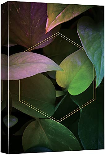 NWT Canvas Print Wall Art Pink & Green Devil Ivy Leaves with Gold Hexagon Floral Plants Mixed Media Modern Art Tropical Closeup Colorful Multicolor Ultra for Living Room, Bedroom, Office - 32x48