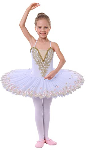 IMEKIS Vestito da Balletto per Ragazze di Fiori Body da Danza Ginnastica Ricamato Senza Maniche con Gonna Tutu Costume da Ballo Principessa da Fata Ballerina Bianco 7-8 Anni