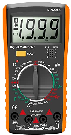 Telituny Multímetro Digital Profesional, DT9205A AC/DC Herramientas de Polimetro Voltímetro Amperímetro Ohmímetro, LCD Tester Electricista para Voltaje Corriente Resistencia Circuito Diodo Transistor