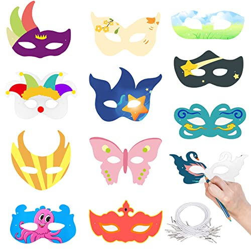 Colour-In Masks for Kids - 12 Pack DIY Graffiti Blank Paper Masks to Decorate, Colour Your Own for Cosplay, Dress Up, Birthday Party (Multi Style)