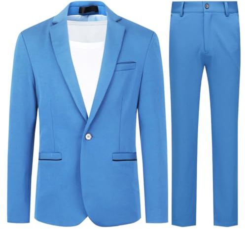 Allthemen Traje de Hombre de 2 Piezas Traje Ajustado Traje de Boda de Negocios con un botón Cielo Azul M