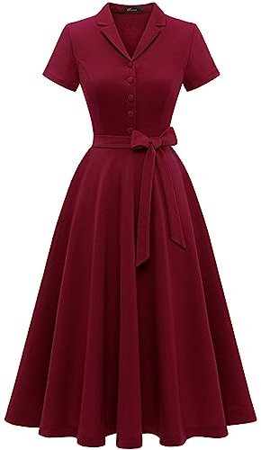 Wedtrend Cocktailkleid Damen Elegant für Hochzeit Freizeitkleid Sommer Burgund Rockabilly Kleider Damen mit Kragen Abendkleid Kurz WTP30001 Burgundy L
