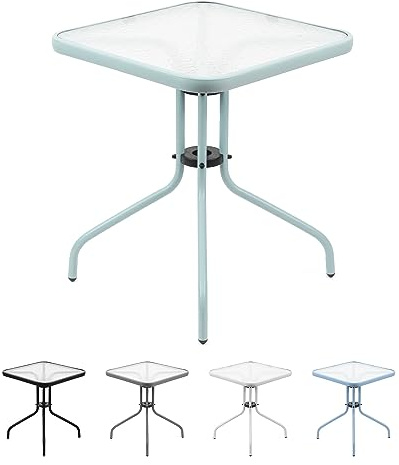 THE SECRET HOME Mesa Cuadrada de Metal con Base de Cristal Texturizado para Jardín, Terraza, Patio o Balcón - 70 cm x 60 cm x 60 cm - Color Verde Claro