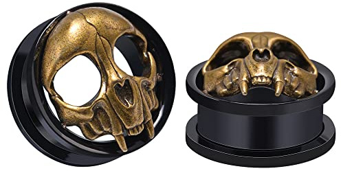 COOEAR 1 Pair of Stainless Steel Ear Tunnels and Plugs, Black Ancient Golden Skull Ear Gauges.