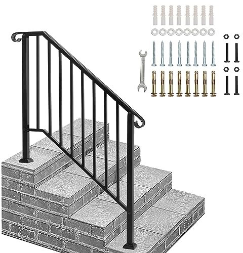 Outdoor Handrails for Stairs, Wrought Iron Hand Rails Stairs for Outdoor Steps Handrail Stair Railing Handrail for Cross Bar Stairs Hand Rails Outside Steps Black Railing (3 to 4 Steps)