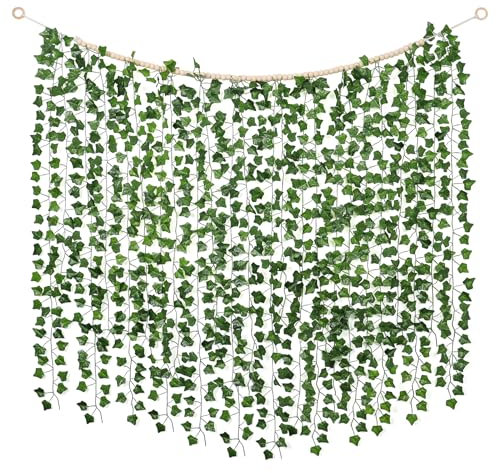 Weldomcor Lot de 12 guirlandes de lierre artificiel de 25 m avec perles de bois résistantes aux UV - Plantes artificielles réalistes à suspendre pour maison, chambre, bureau, mariage, balcon, jardin