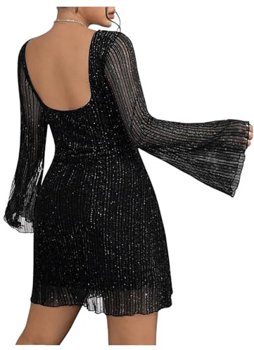 Floerns Women's Plus Size Sequin Backless Bell Sleeve Mesh Party Bodycon Mini Dress Black X-Large Plus