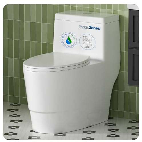 One Piece Elongated Toilet with 17.3 ADA Comfort Height and Soft-Closing Seat, Poweful Dual Flush 0.8/1.28 GPF, 12'' Rough-In Standard Toilet for Bathroom, Ceramic Nano-Glazed Surface, Full Skirted