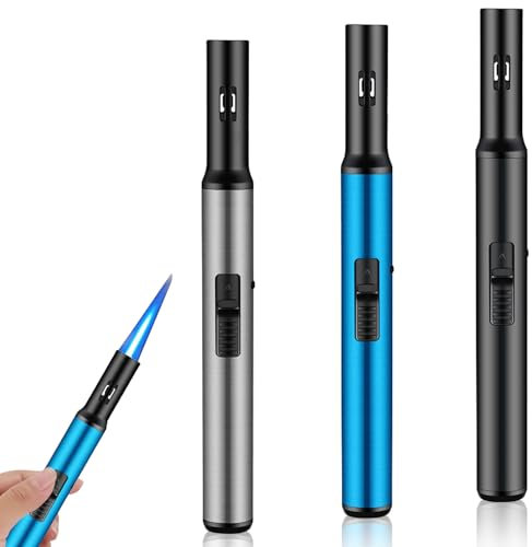 3 Stück Jetflamme Feuerzeug, Gas Nachfüllbar Sturmfeuerzeug, Einstellbar stabfeuerzeug, feuerzeug lang mit Sicherheitsverschluss, Flambierbrenner für die Küche, Desserts, Camping(Verkauft ohne Gas)